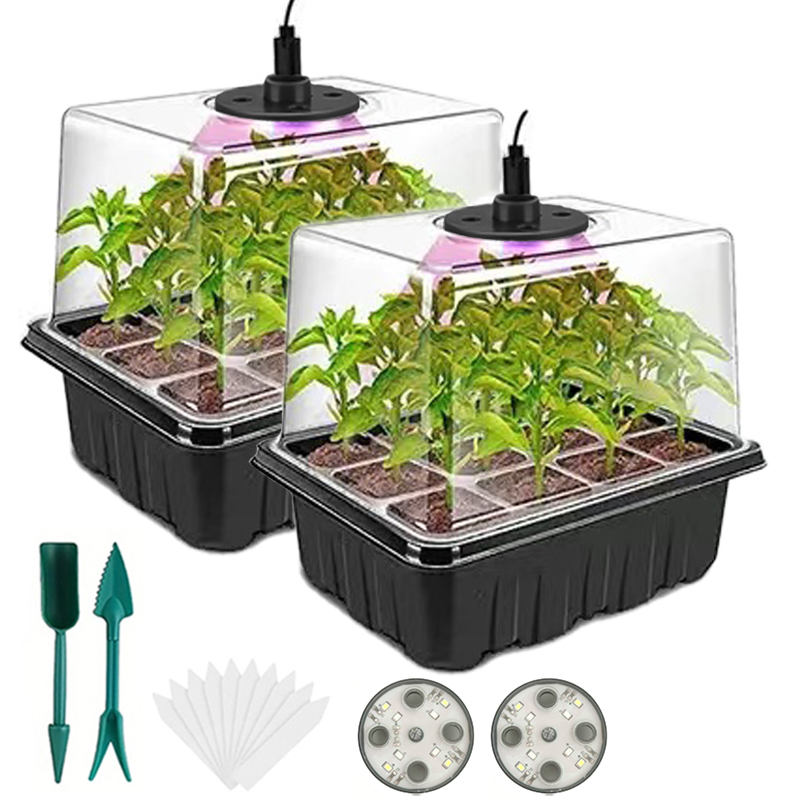 Humidity Dome Kit - ถาดเพาะเมล็ดพร้อมไฟปลูก, โดมควบคุมความชื้นปรับได้, ชุดเพาะเมล็ดขนาดเล็ก 2 ชุด สำหรับการเพาะต้นกล้า